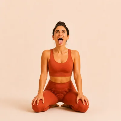 The roar: mouth wide, tongue stretched down toward the chin, gaze lifted toward the brows.