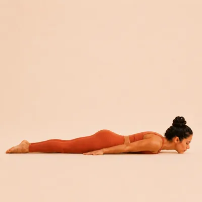 Lying on the front with the legs extended and the arms alongside the body.