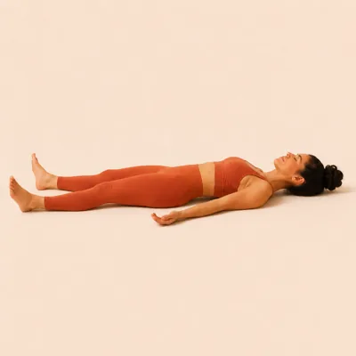 Shavasana: lying flat on the back with the feet falling open and the palms facing up.