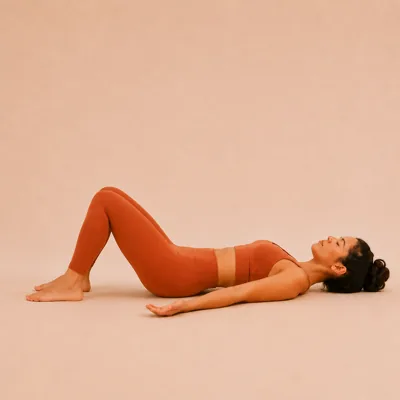 Knees bent with the feet flat, hip-width apart and close enough for the fingertips to brush the heels.