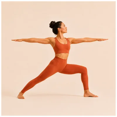 Warrior 2 to the left: front knee bent over the ankle, arms reaching in opposite directions.