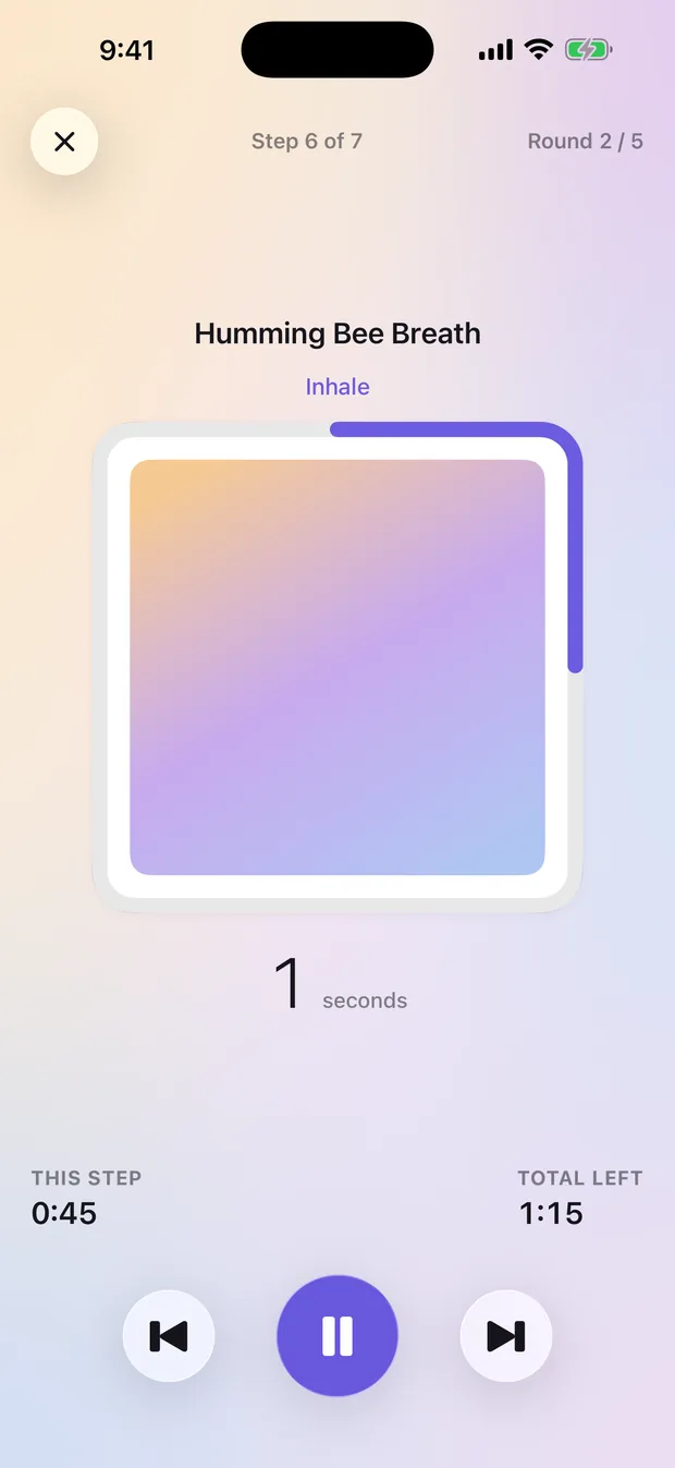 A breathing technique running, with the breath shape mid-inhale and a phase countdown.