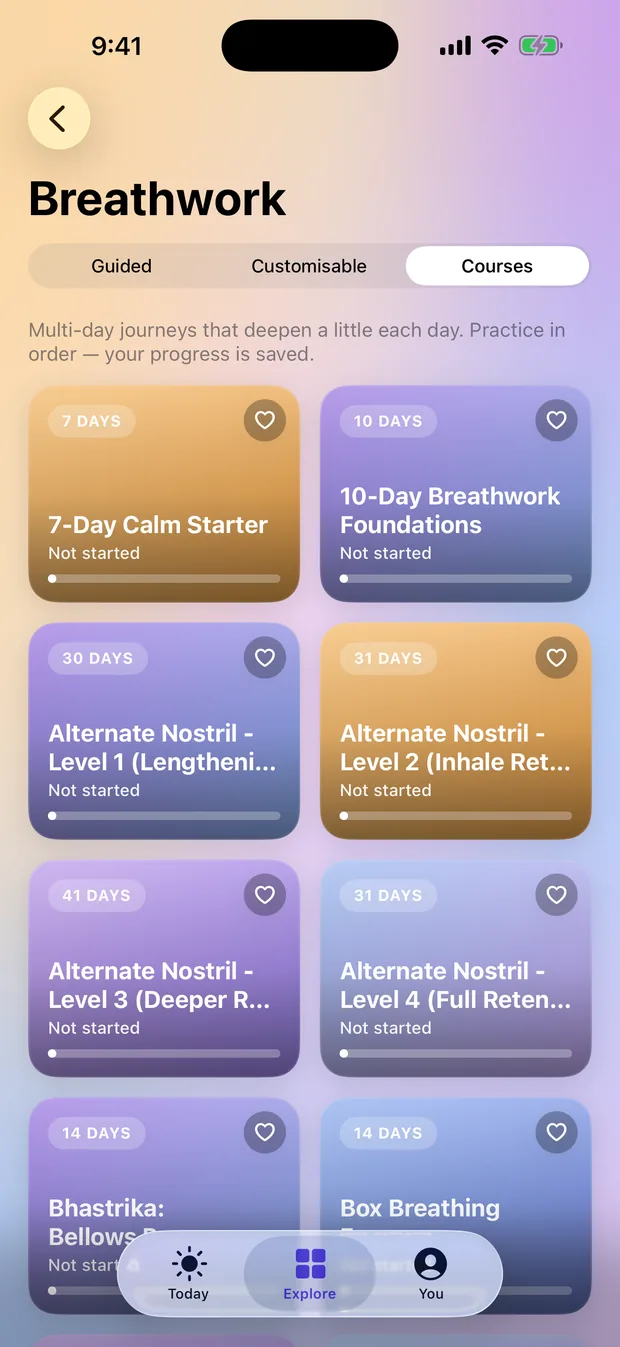 Multi-day courses, from a 7-day calm starter to a 41-day alternate-nostril level.