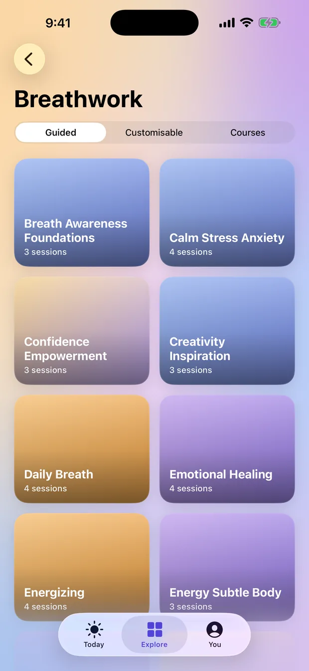 Guided breathwork collections, grouped by theme.