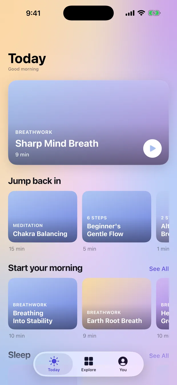 The Today screen, with the day's suggested breathwork session and recent practices.